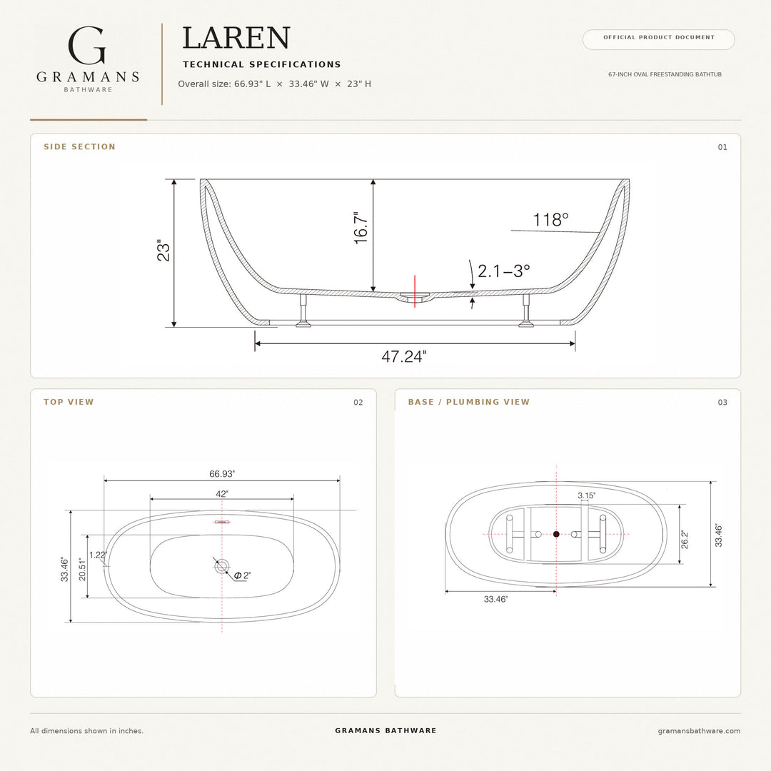 Laren 67 inch freestanding bathtub dimensions diagram, 66.93 x 33.46 x 23 inches, Gramans Bathware