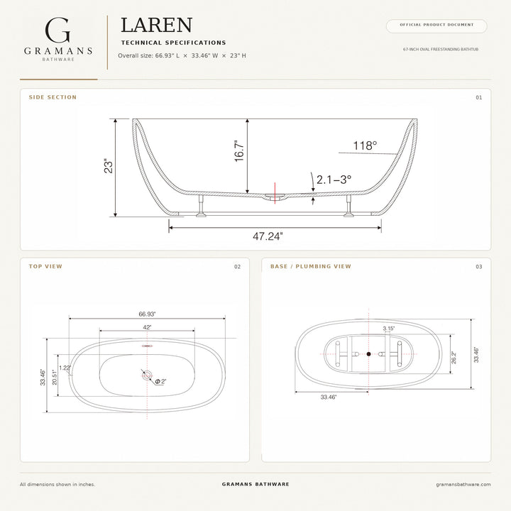Laren 67 inch freestanding bathtub dimensions diagram, 66.93 x 33.46 x 23 inches, Gramans Bathware