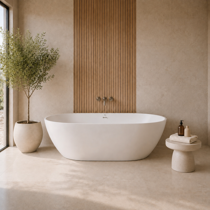 Laren 67 inch freestanding acrylic bathtub, front view with white drain, Gramans Bathware