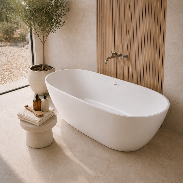 Laren 67 inch freestanding acrylic bathtub, top angle view of oval basin, Gramans Bathware